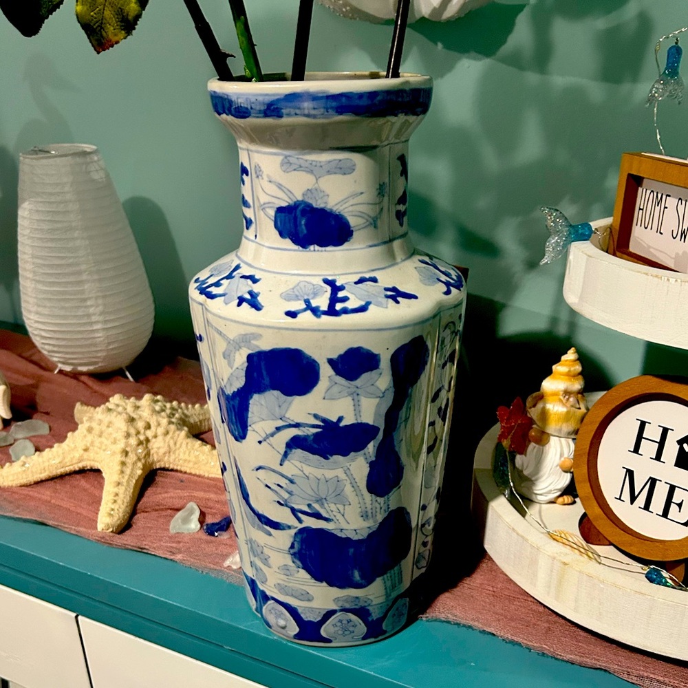 14 inch porcelain vase hand painted birds and flowers